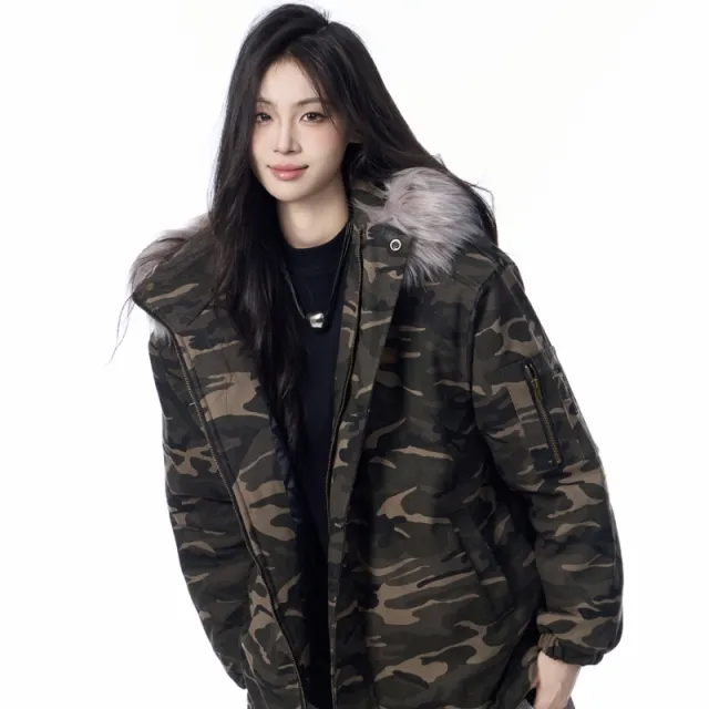 Retro Fur Collar Camouflage Mountain Carving Hooded Cotton Jacket Camouflage - Shop at LoveMi