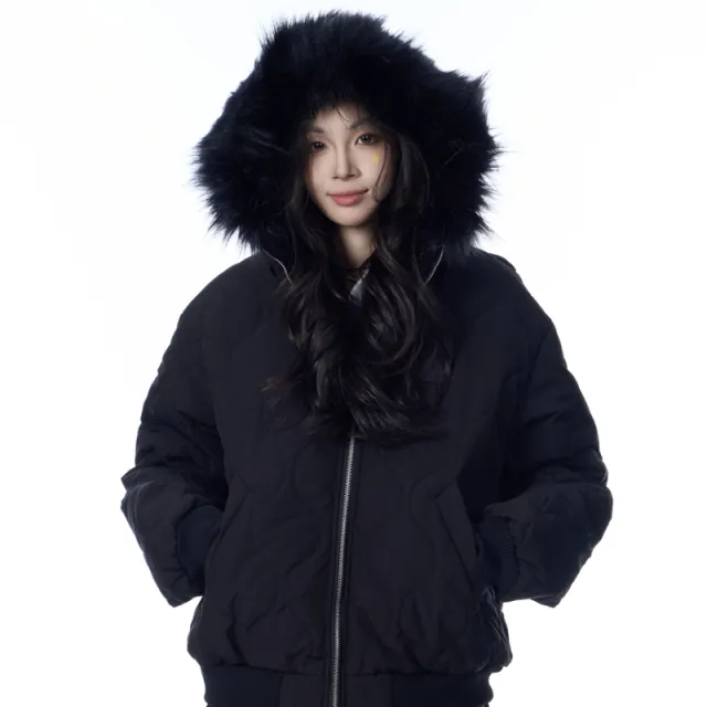 American Retro Rhombus Fur Collar Cotton Cardigan Hooded Cotton Jacket Black - Shop at LoveMi