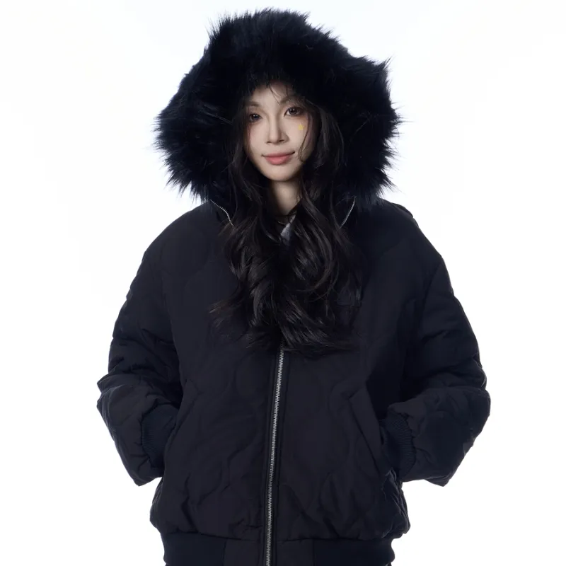 American Retro Rhombus Fur Collar Cotton Cardigan Hooded Cotton Jacket - Black