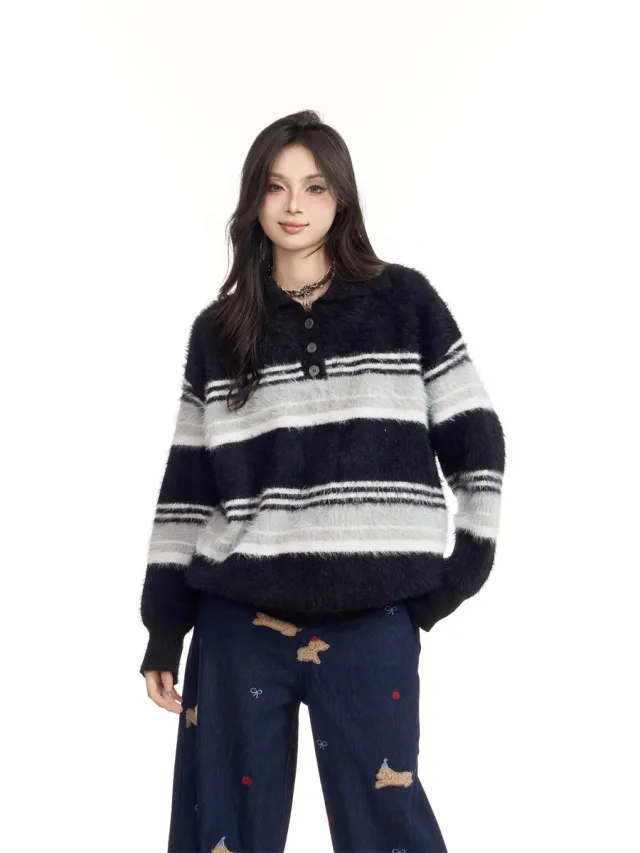 American style Vintage Stripe Lapel Half Zipper Sweater Black - Shop at LoveMi