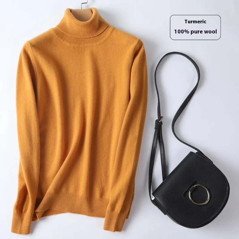 Pure Wool Sweater Women's Turtleneck Pullover Solid Color Loose Short - Ginger Yellow