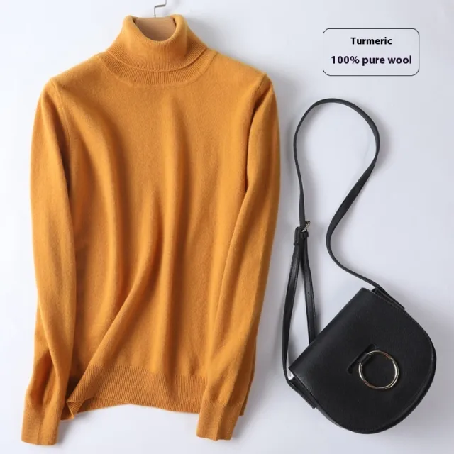 Pure Wool Sweater Women's Turtleneck Pullover Solid Color Loose Short Ginger Yellow - Shop at LoveMi