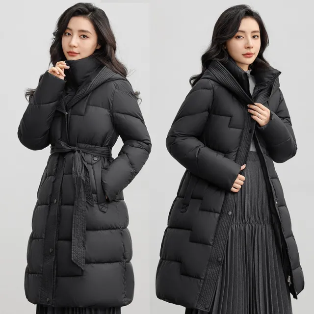 Women's Winter New Waist Trimming Fashion Mid length Hooded Below the knee Coat Black - Shop at LoveMi