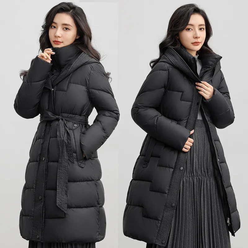 Women's Winter New Waist Trimming Fashion Mid-length Hooded Below-the-knee Coat - Black