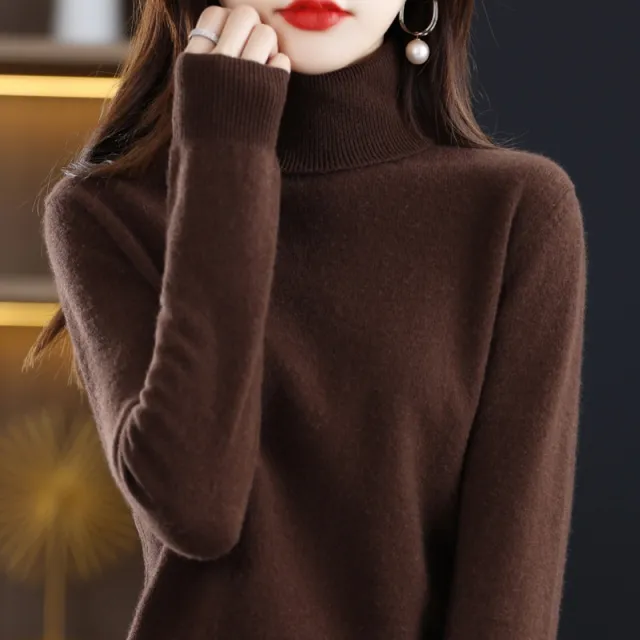 Pure Wool Sweater Women's Turtleneck Pullover Solid Color Loose Short Brown - Shop at LoveMi