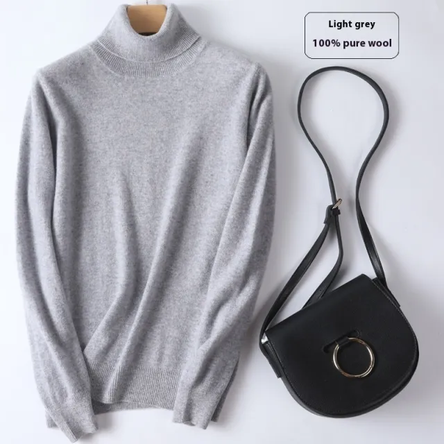 Pure Wool Sweater Women's Turtleneck Pullover Solid Color Loose Short Light Gray - Shop at LoveMi