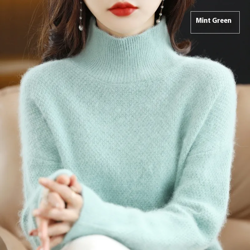 Mink Sweater Women's Half Turtleneck Loose Thick Short - Mint Green