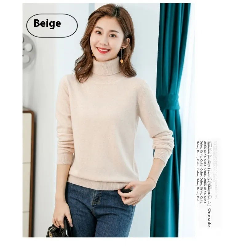 Pure Wool Sweater Women's Turtleneck Pullover Solid Color Loose Short - Camel Color