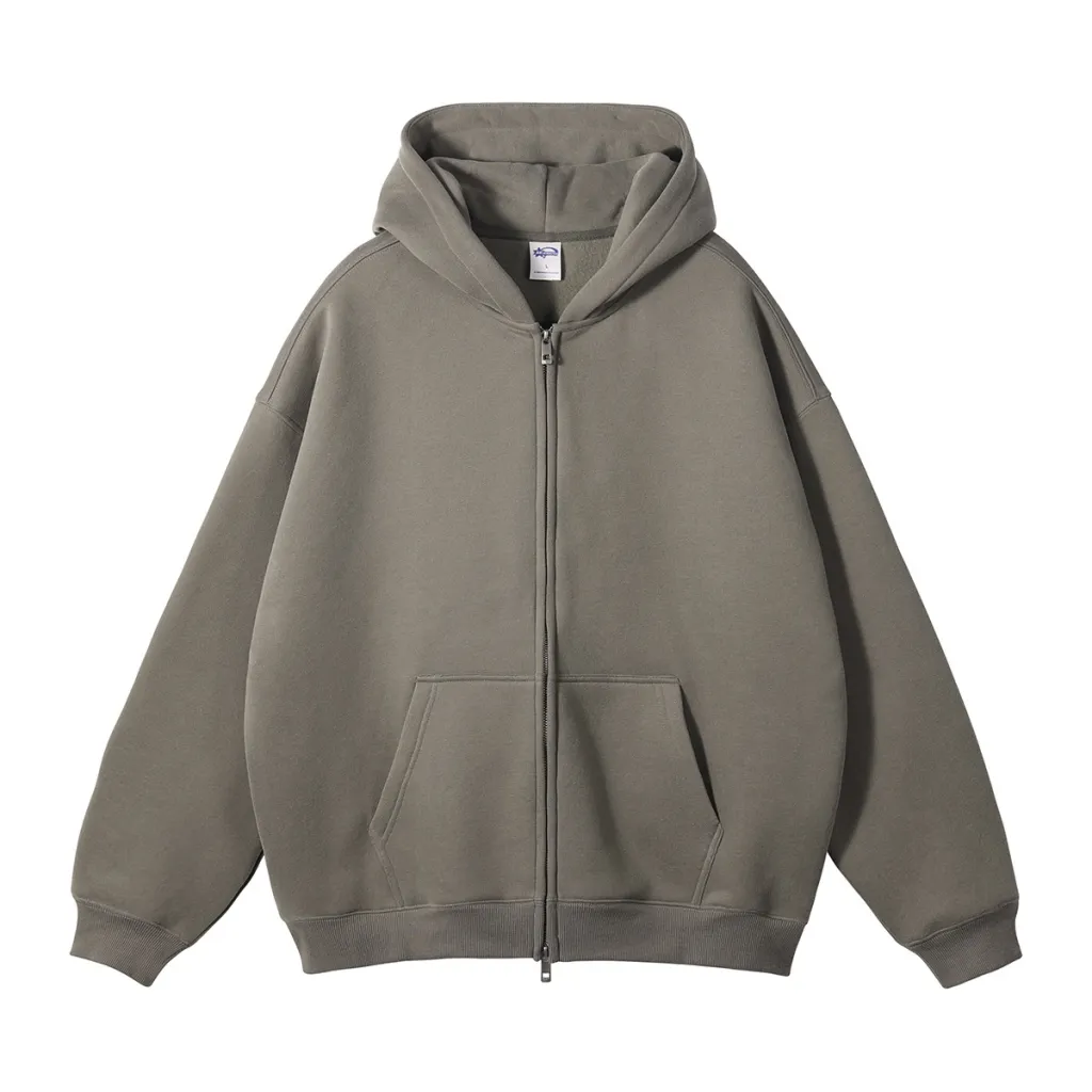 Fleece-lined Thickened American Zipper Men's Sweater And Pants - Sweatshirt Gray Coffee