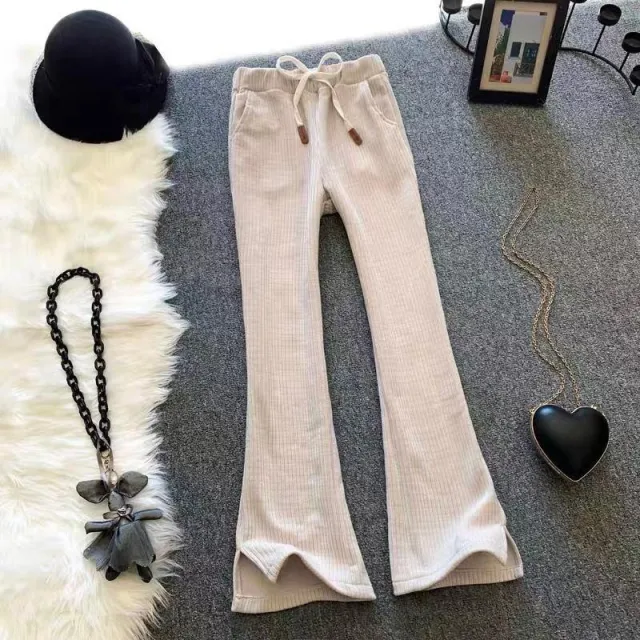 Fleece lined Thickened Chenille High Waist Drooping Slit Casual Pants Apricot - Shop at LoveMi