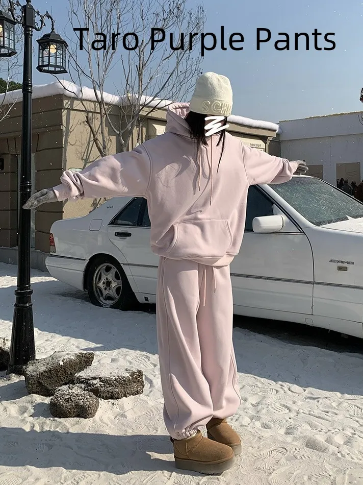 Idle Style Loose Sweater Ankle-tied Elastic Waist Thickened Sweatpants Suit - Taro Purple Pants