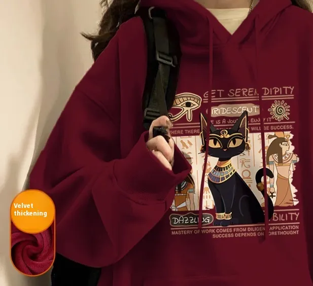 Hoodie Women Autumn And Winter Fashion Fashion Plus Cashmere Is Slimming Shoulders Cashmere Egyptian Cat - Shop at LoveMi