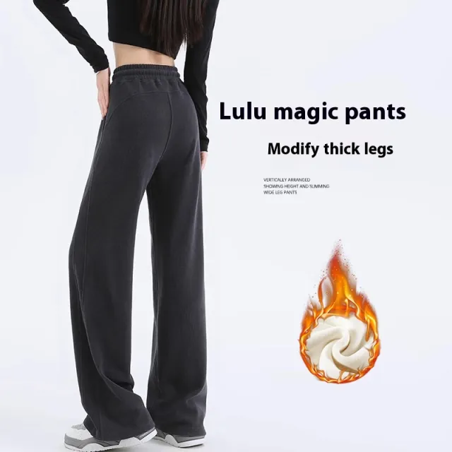 Chenille Wide leg Pants Women's Loose Casual Fleece Corduroy Dark Gray Fleece Lined Long - Shop at LoveMi