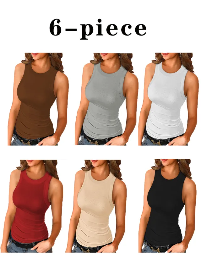New Solid Color Printed Round Neck Vest For Women 6Piece L - Shop at LoveMi
