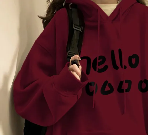 Hoodie Women Autumn And Winter Fashion Fashion Plus Cashmere Is Slimming Shoulders Thin Hello Text - Shop at LoveMi