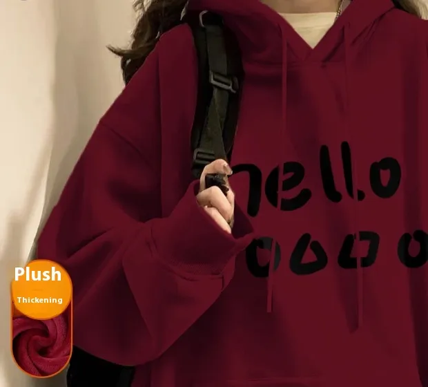 Hoodie Women Autumn And Winter Fashion Fashion Plus Cashmere Is Slimming Shoulders - Add Cashmere Hello Text