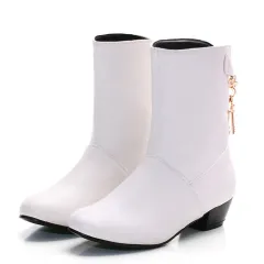 Women's Low-heeled Premium PU Ankle Boots - White - View 1