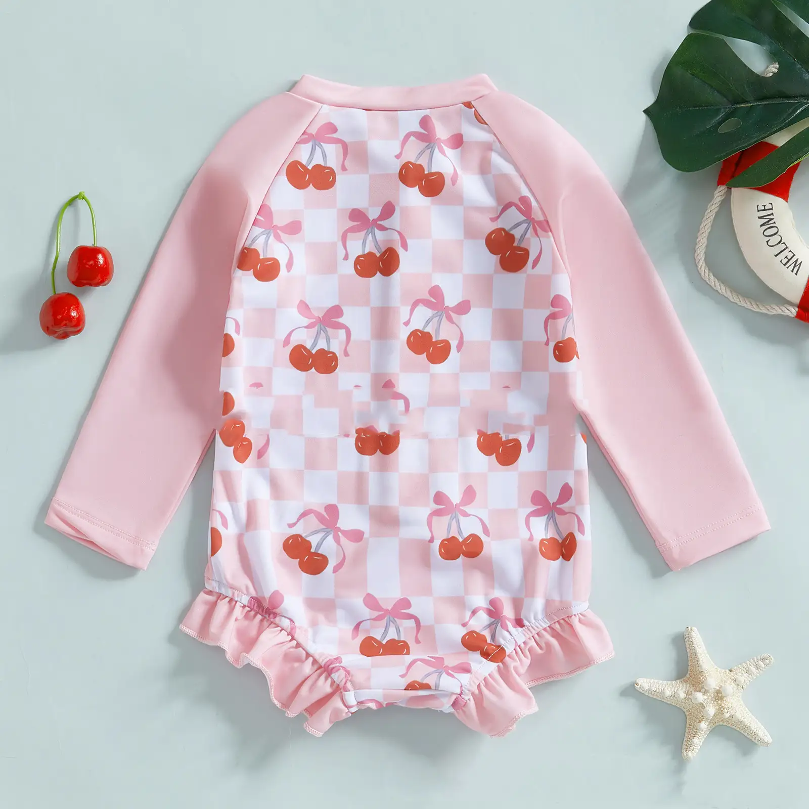 Infant Children's Bow Cherry Chessboard Printed Swimsuit