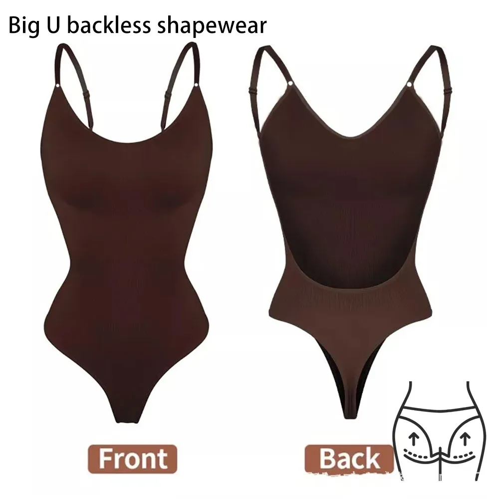 Backless T-shaped Jumpsuit Plus Size Corset - Brown