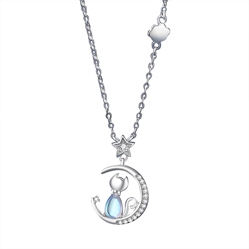 925 Sterling Silver Star Moon Cat Necklace For Women