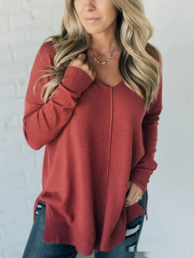 Women's Design Sewing Front Sweater Loose Knitwear Long Sleeve Top Embroidered Red - Shop at LoveMi