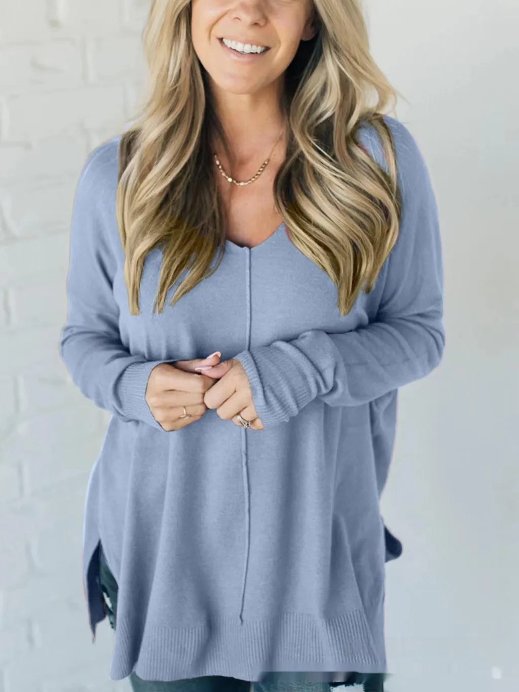 Women's Design Sewing Front Sweater Loose Knitwear Long Sleeve Top - Gray Blue