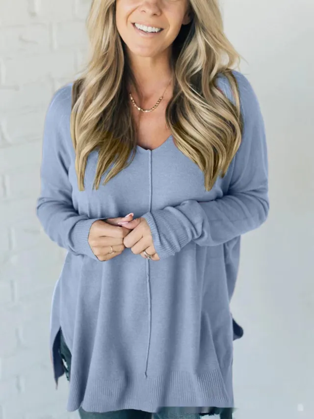 Women's Design Sewing Front Sweater Loose Knitwear Long Sleeve Top Gray Blue - Shop at LoveMi