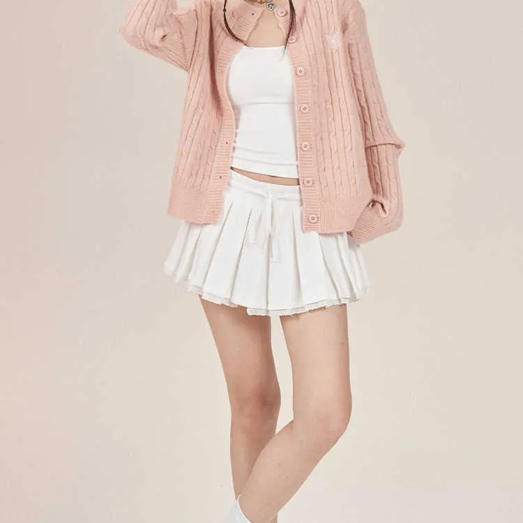 New High Waist Slimming Elegant Sweet And Spicy Lace Edge A- Line Pleated Short Skirt For Women - White
