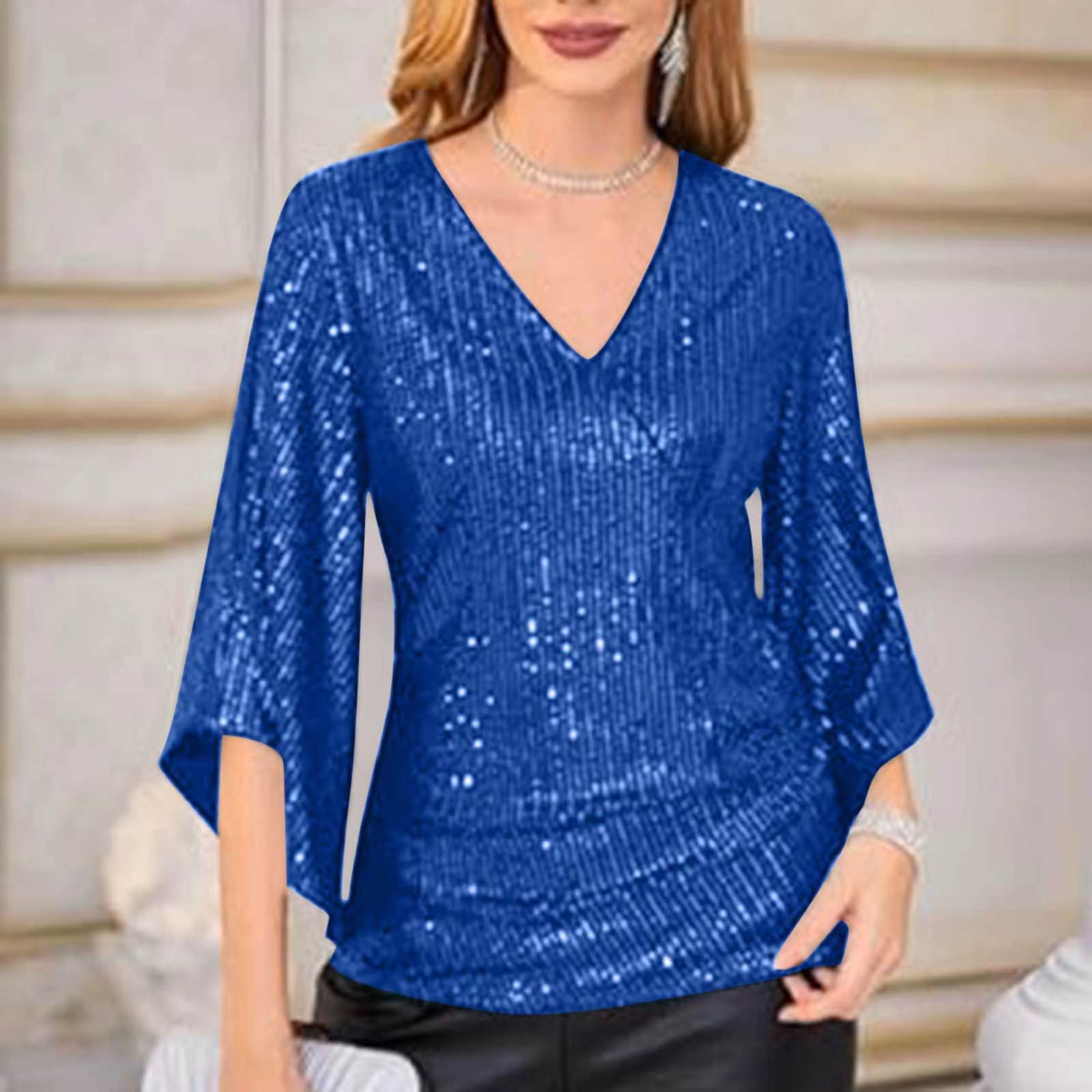 2023 New [Real Shot] [Real Price] Loose Mid-length Sequin T-shirt Women's Short Sleeve Pullover ~ In Stock European and American Style