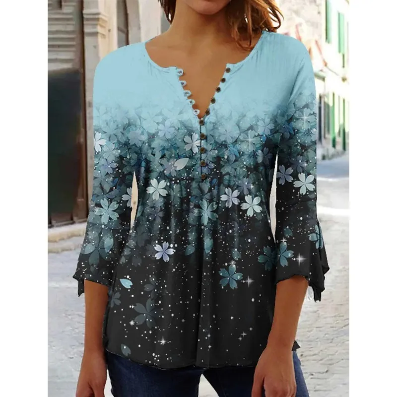 Women's Digital Printing V-neck Long-t-shirt - Q3Wtxba70Op030703-L