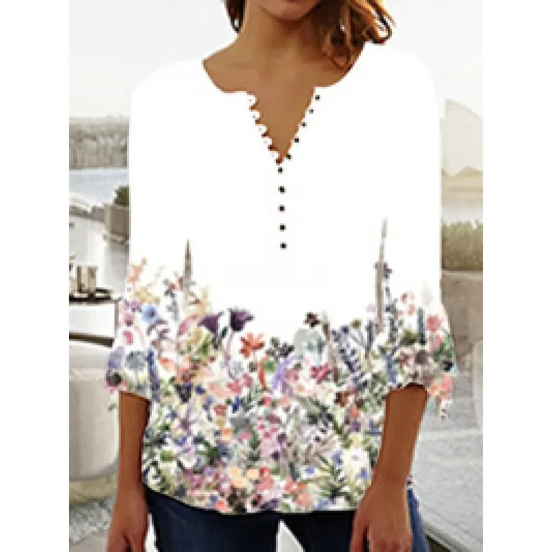 Women's Digital Printing V-neck Long-t-shirt - Q3Wtxba70Op022703