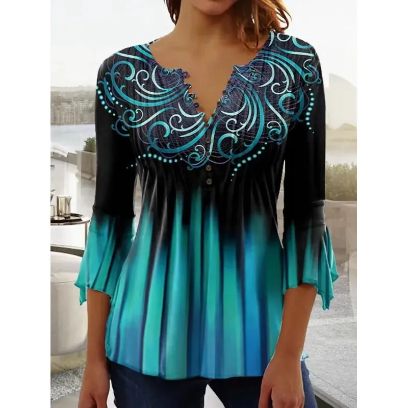 Women's Digital Printing V-neck Long-t-shirt - Q3Wtxba70Op112801-S