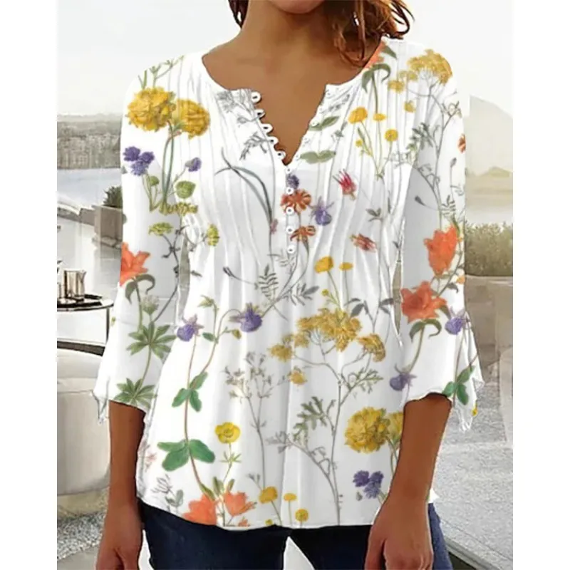 Women's Digital Printing V-neck Long-t-shirt - Q3Wtxba70Yj051501-L