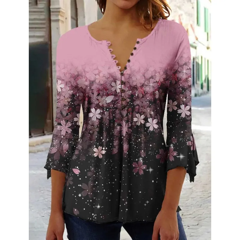 Women's Digital Printing V-neck Long-t-shirt - Q3Wtxba70Op030704
