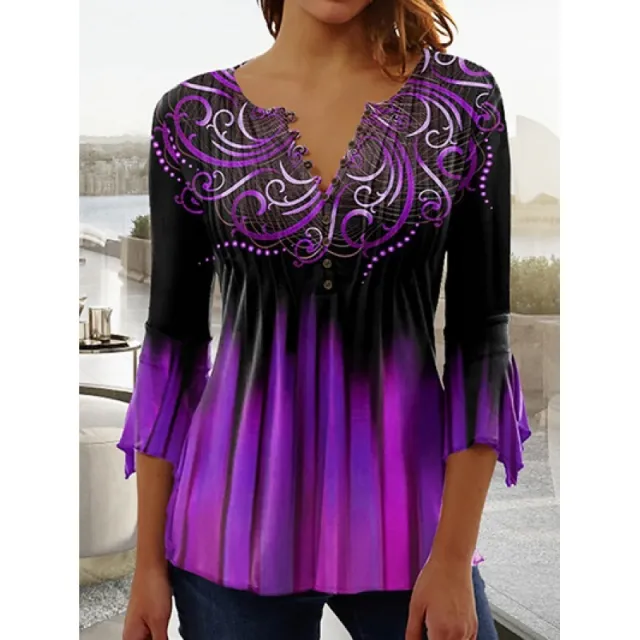 Women's Digital Printing V neck Long t shirt Q3Wtxba70Op020404 - Shop at LoveMi
