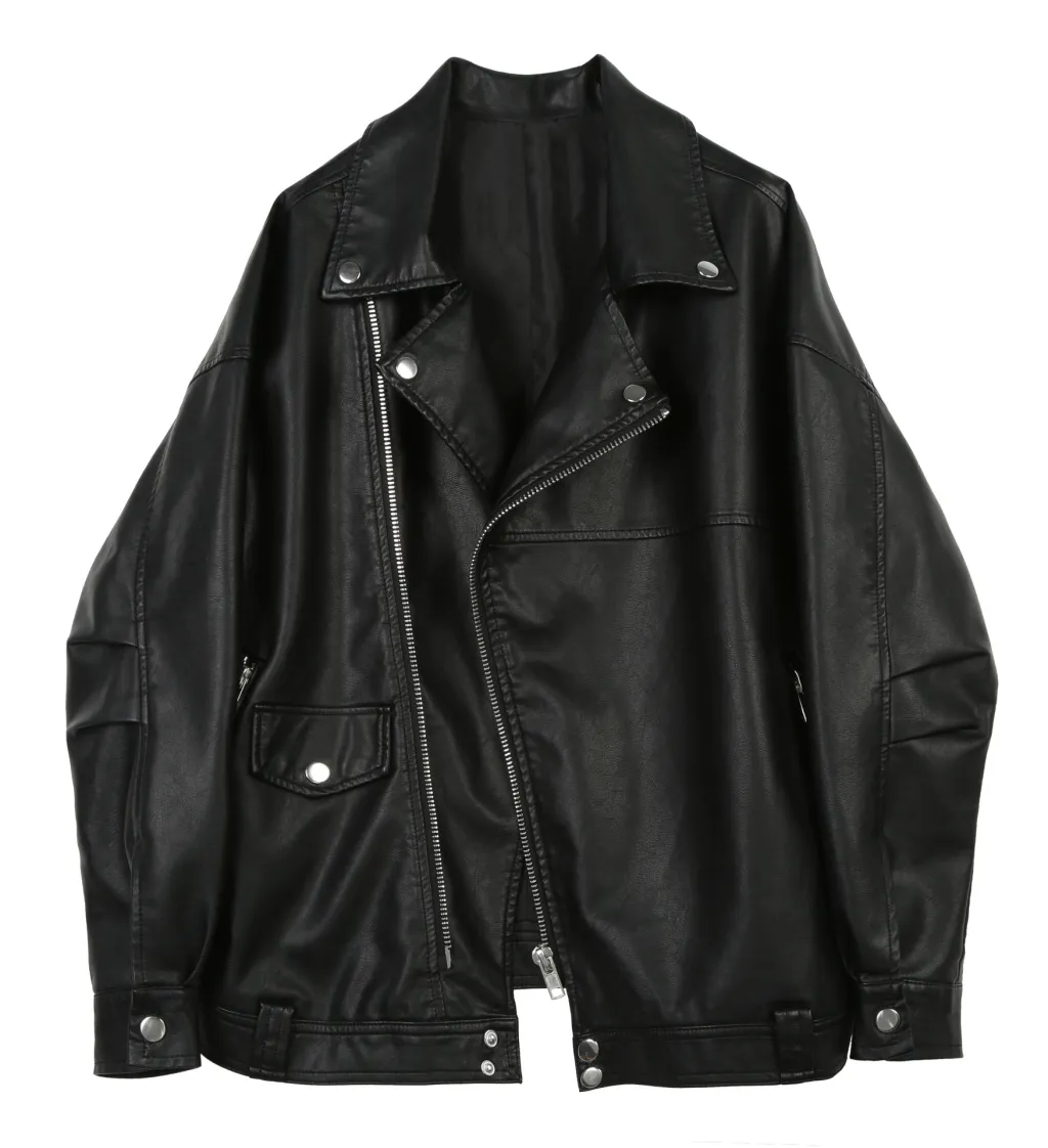 Casual Loose Small Plus Size Black Leather Coat - Black Single Liner