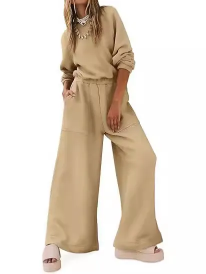 European And American Fashion Sports And Leisure Long Sleeve Solid Color Backless Sweater Jumpsuit Suit Women Khaki - Shop at LoveMi