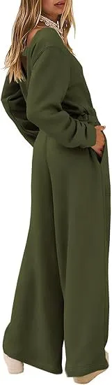 European And American Fashion Sports And Leisure Long Sleeve Solid Color Backless Sweater Jumpsuit Suit Women Army Green - Shop at LoveMi