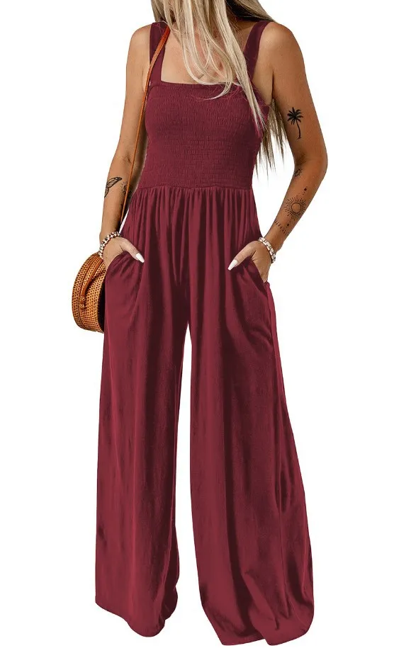 Sleeveless Tube Top Women's Commuting Wear Sexy Vest Jumpsuit Loose Wide Leg Wine Red - Shop at LoveMi