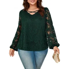 European And American Loose Lace Top Cross V-neck Solid Colour Top - Green - View 1
