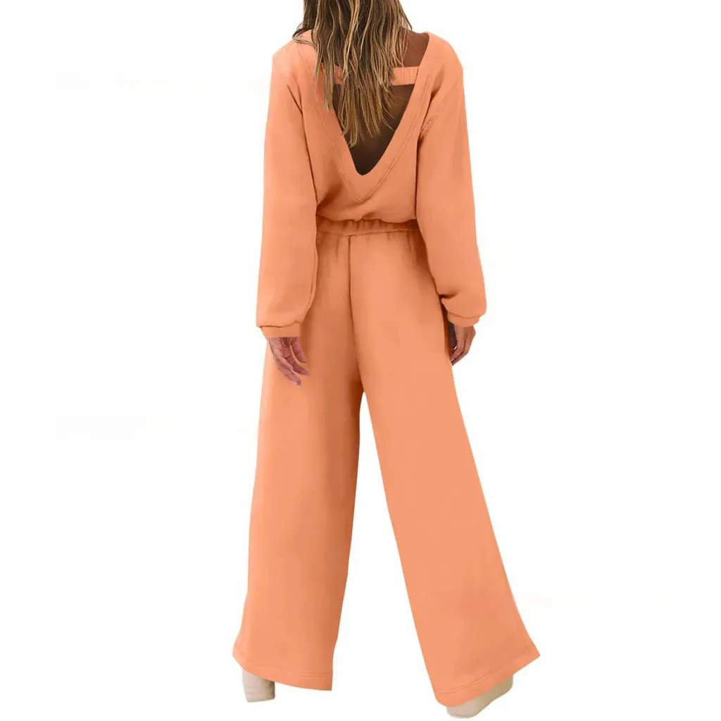 European And American Fashion Sports And Leisure Long Sleeve Solid Color Backless Sweater Jumpsuit Suit Women - Orange