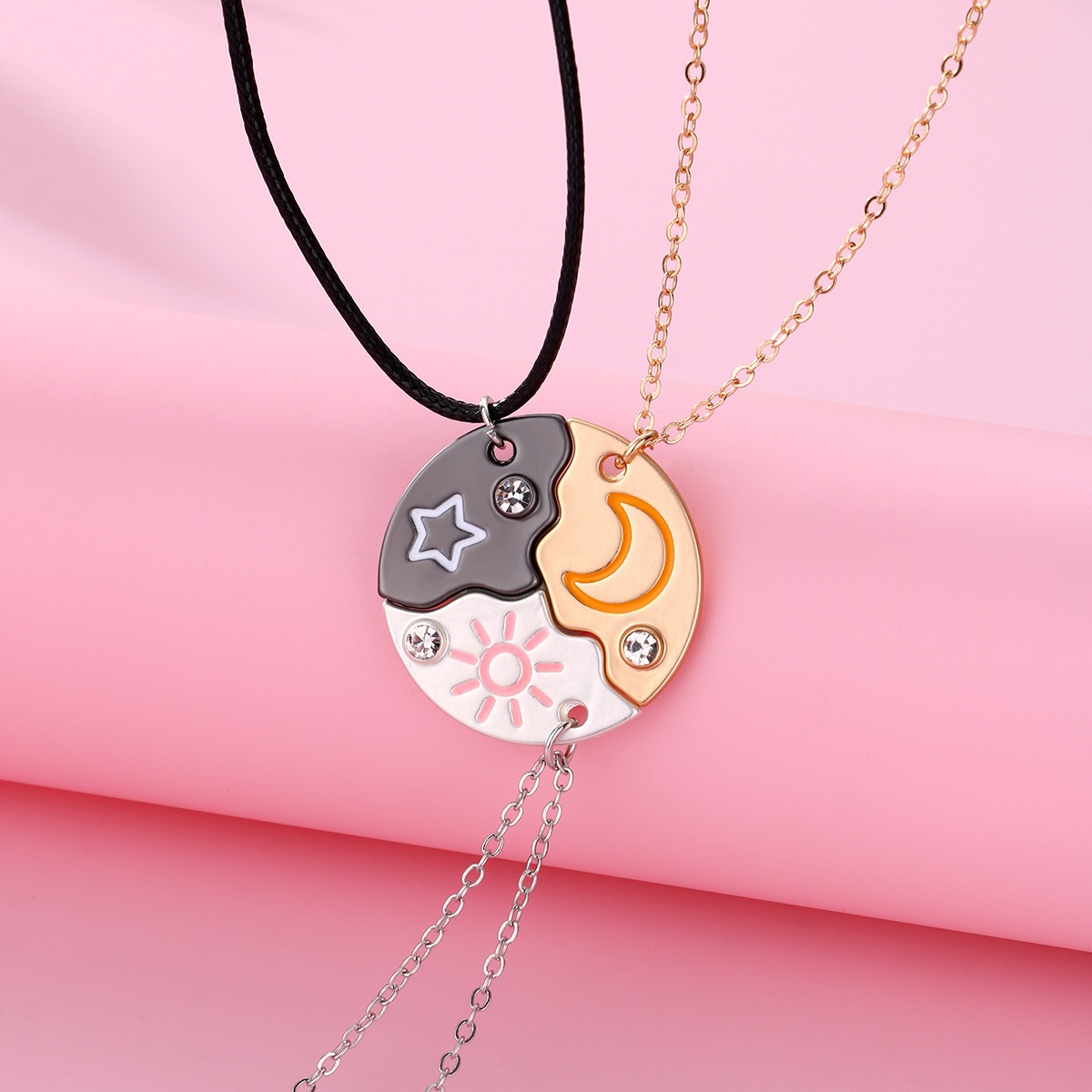 Sun Moon Star Splicing Necklace Three Person Chain