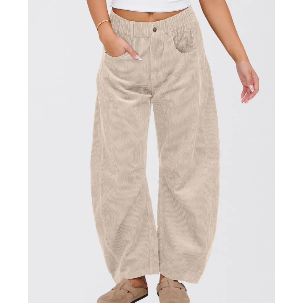 European And American Solid Color Corduroy Loose Straight Trousers Women - Beige