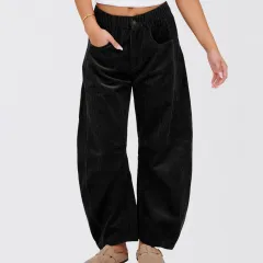 European And American Solid Color Corduroy Loose Straight Trousers Women - Black - View 1