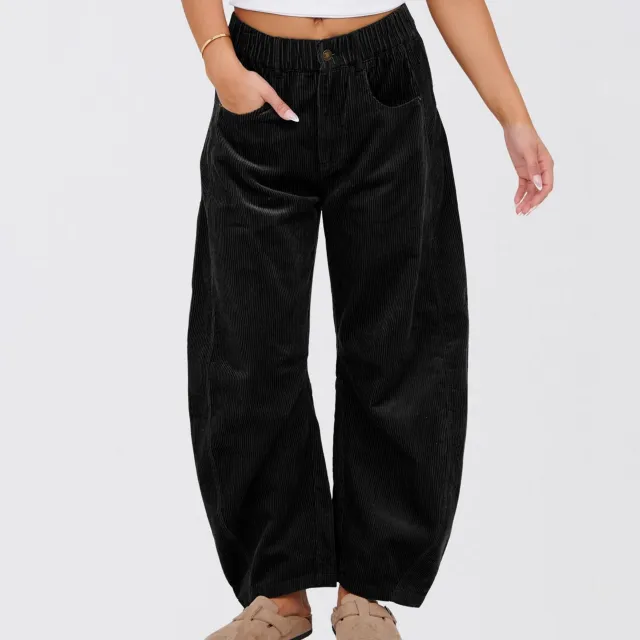 European And American Solid Color Corduroy Loose Straight Trousers Women Black - Shop at LoveMi
