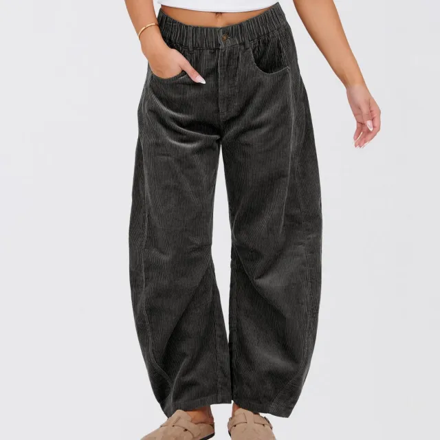 European And American Solid Color Corduroy Loose Straight Trousers Women Dark Gray - Shop at LoveMi