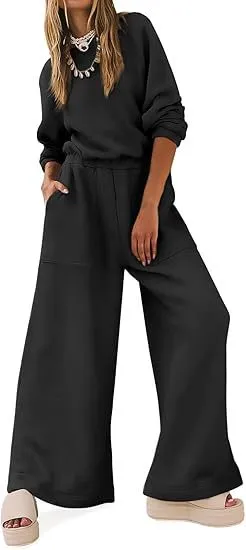 European And American Fashion Sports And Leisure Long Sleeve Solid Color Backless Sweater Jumpsuit Suit Women Black - Shop at LoveMi