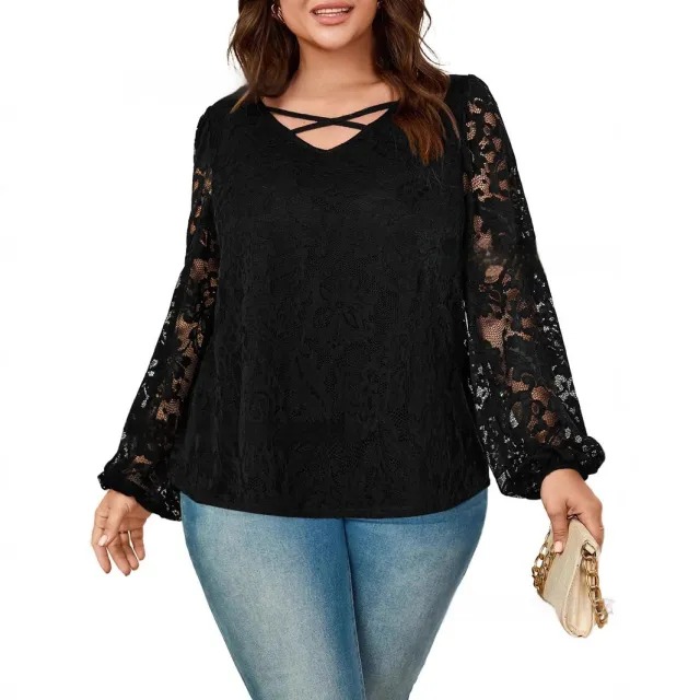 European And American Loose Lace Top Cross V neck Solid Color Top Black - Shop at LoveMi