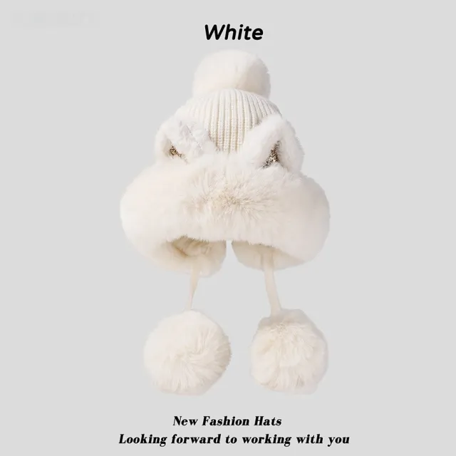 Winter Cute Cartoon Sequins Cat Ears Fleece lined Thickened Warm Beanie White - Shop at LoveMi