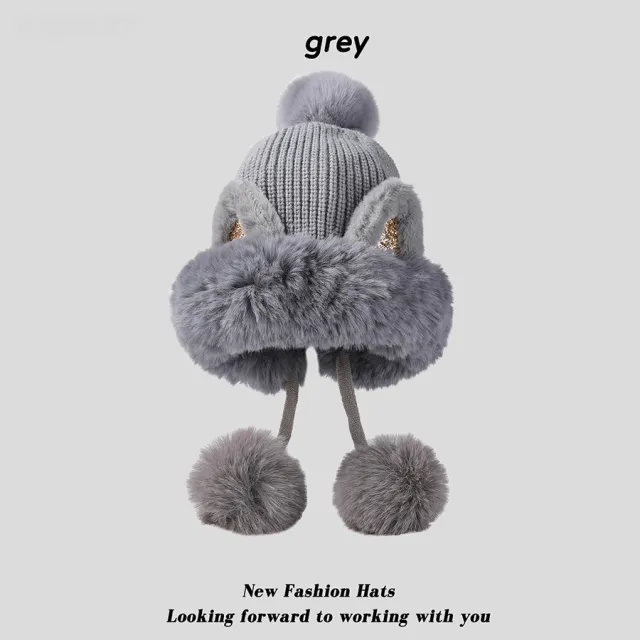 Winter Cute Cartoon Sequins Cat Ears Fleece lined Thickened Warm Beanie Gray - Shop at LoveMi